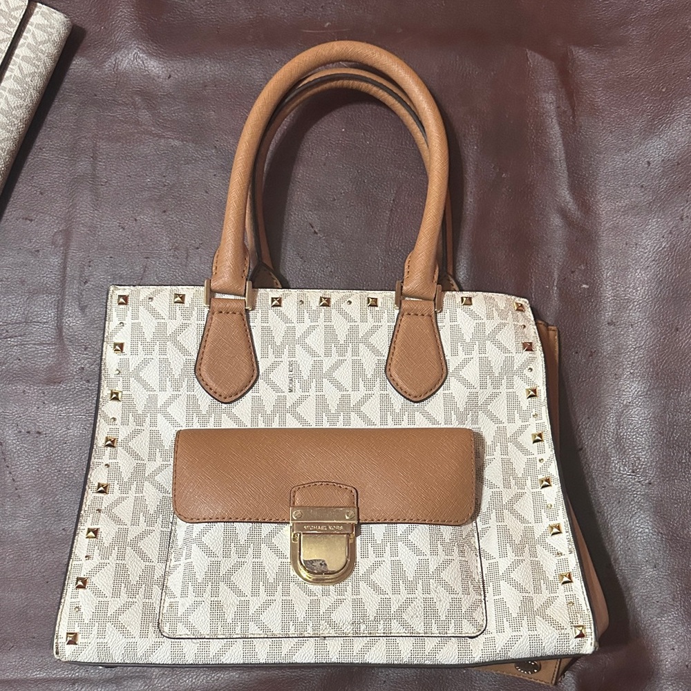 Michael Kors Brown and Cream Satchel with Signature MK Design